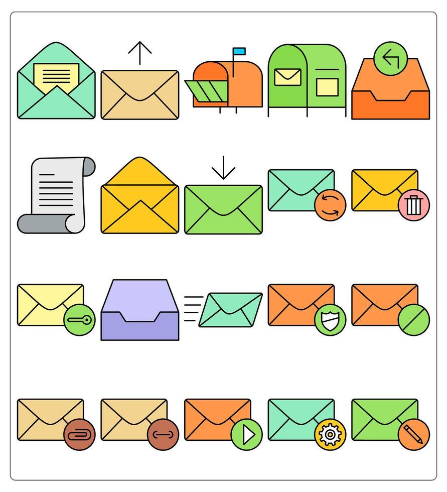 A set of 20 message icons as open message, upload mail, post letter vector