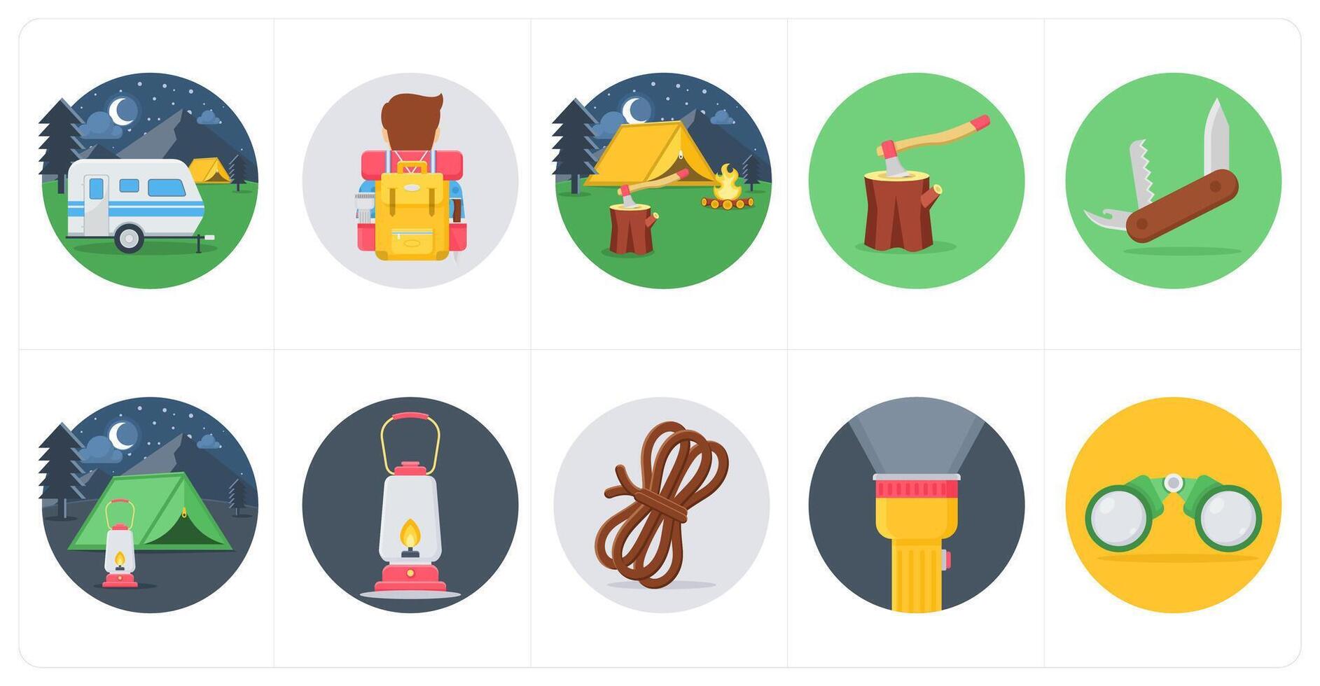 A set of 10 camping icons as camping bus, backpack, camp vector
