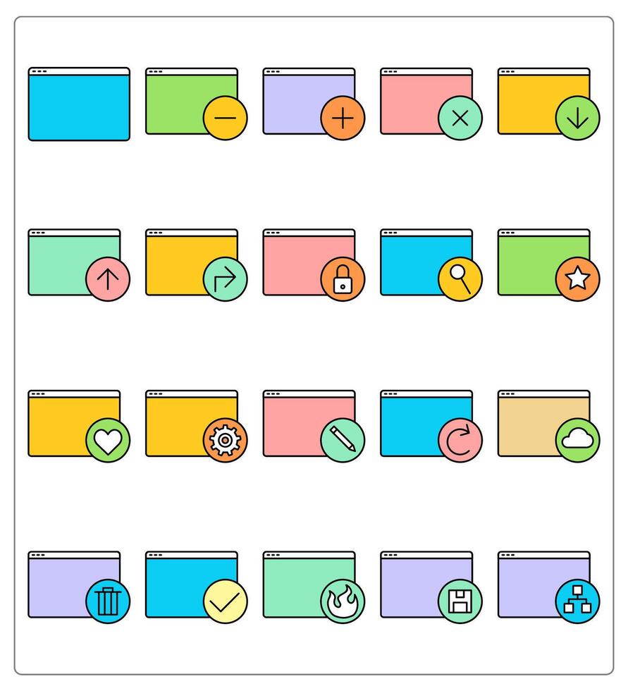 A set of 20 webpage icons as webpage, remove webpage, create webpage vector