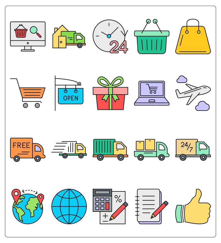 A set of 20 shopping icons as online search store, shipping, 24x7 service vector