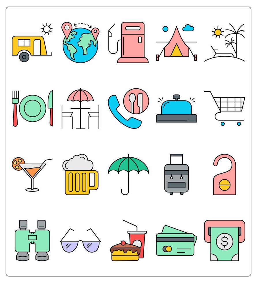 A set of 20 travel icons as tourist bus, global location, fuel pump vector