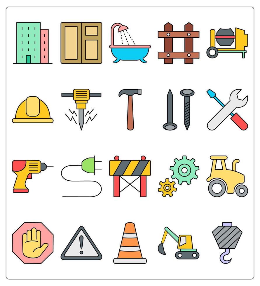 A set of 20 construction icons as building, almirah, bath tub vector