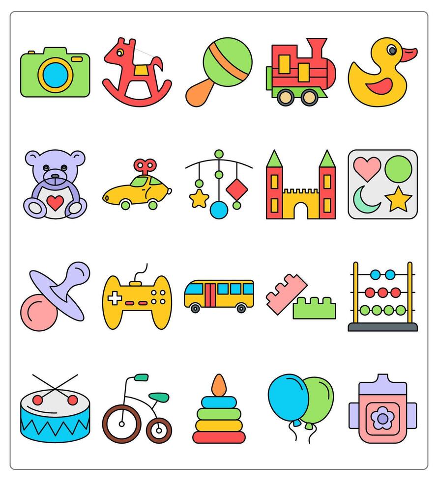 A set of 20 baby toys icons as camera, swing horse, baby toy vector
