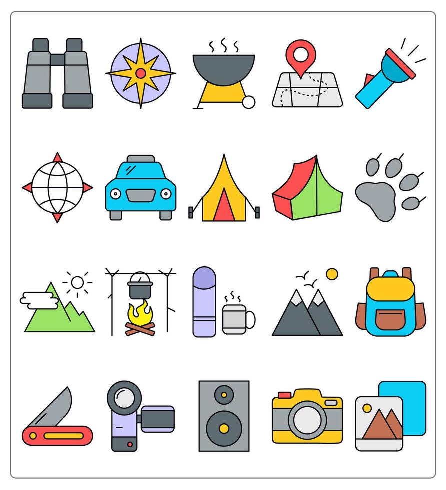 A set of 20 camping icons as binocular, compass, barbecue vector