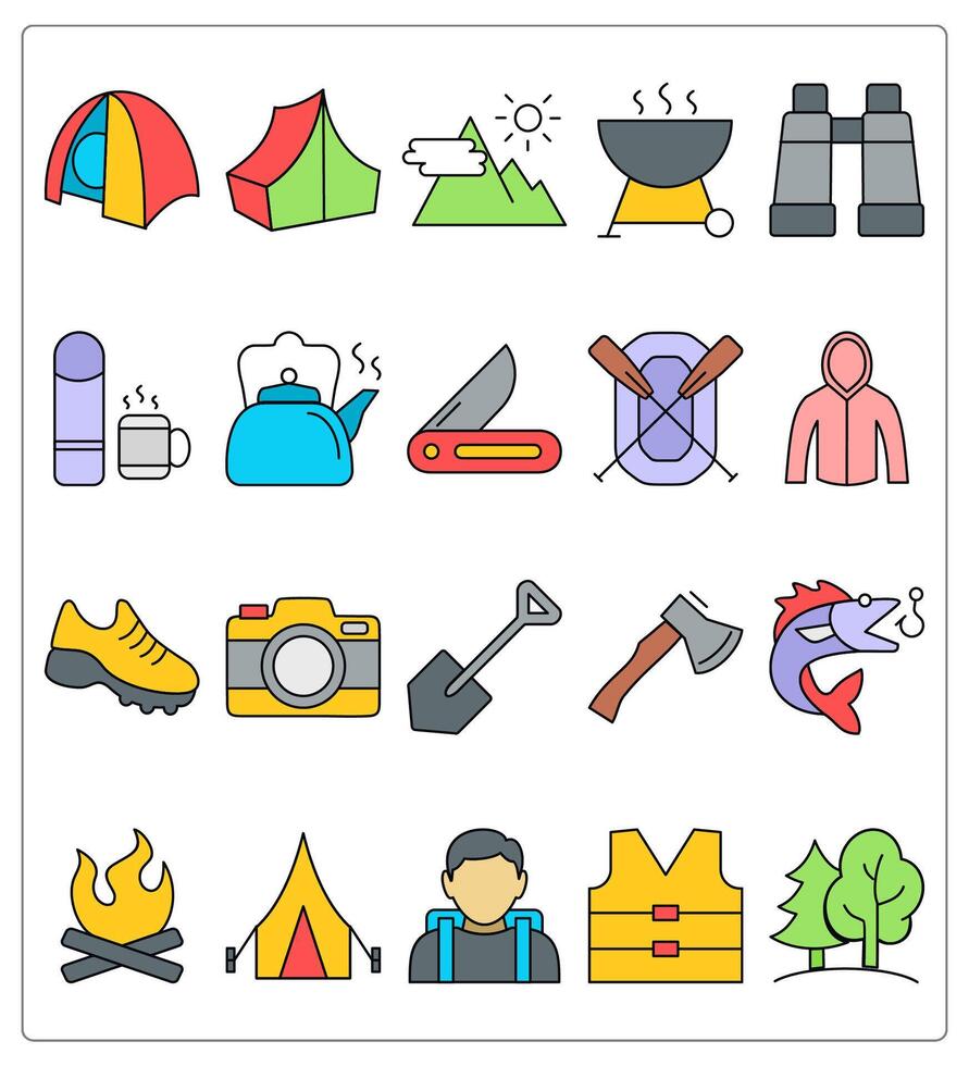 A set of 20 camping icons as camping tent, tent, mountains vector
