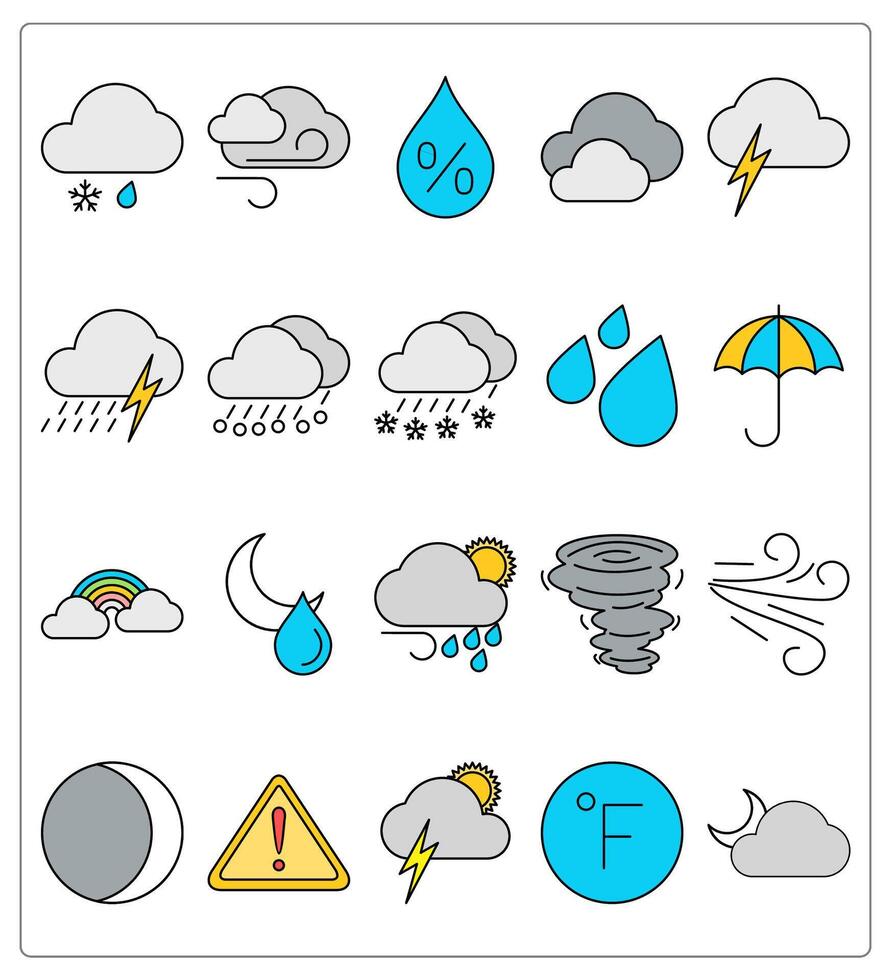 A set of 20 weather icons as snowfall, wind, humidity percentage vector