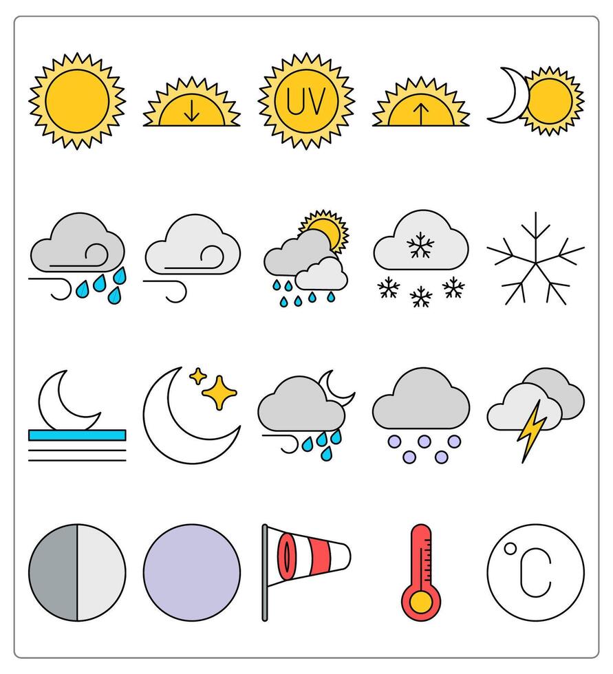 A set of 20 weather icons as sun, sunset, uv vector
