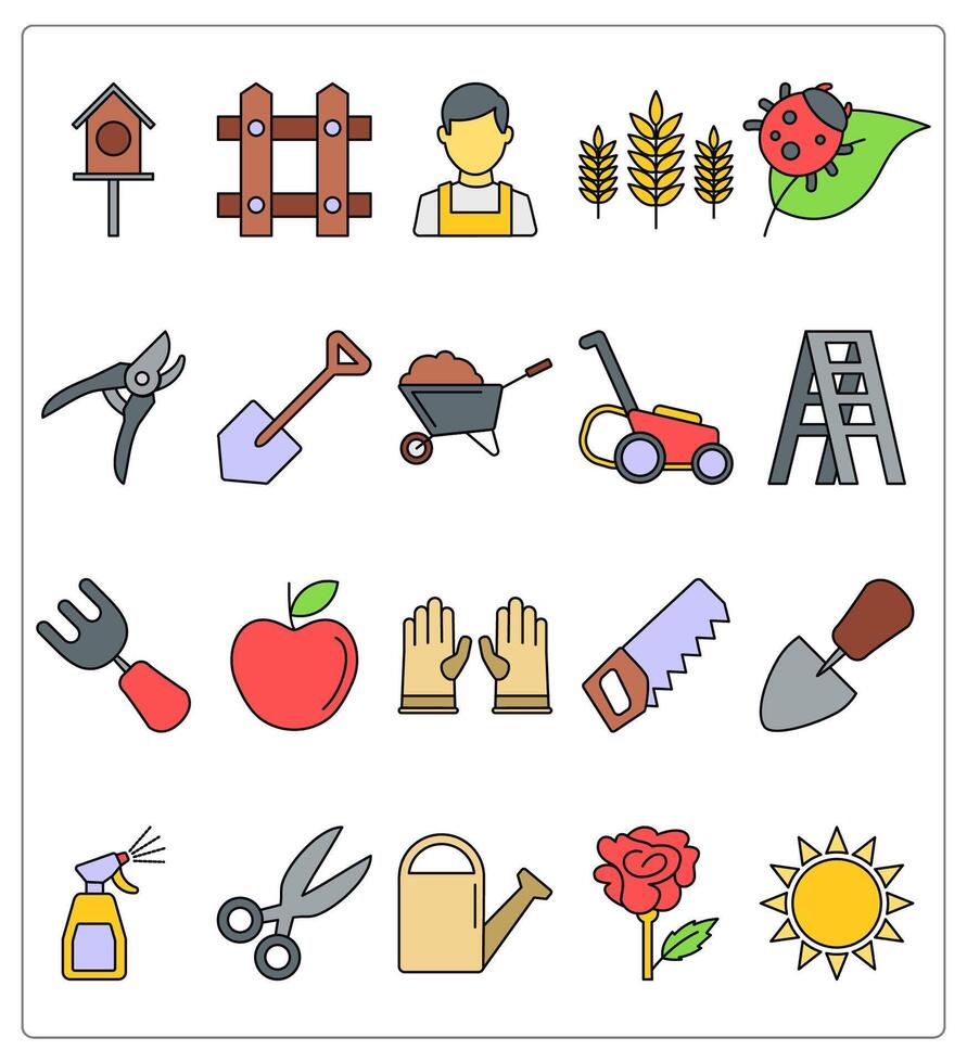 A set of 20 gardening tool icons as starling box, fence, gardener vector