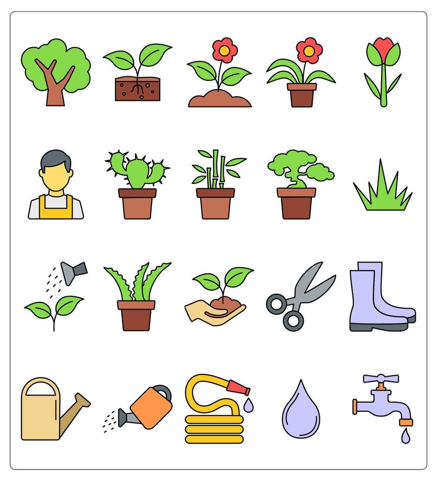 A set of 20 gardening tool icons as tree, plant, flower vector