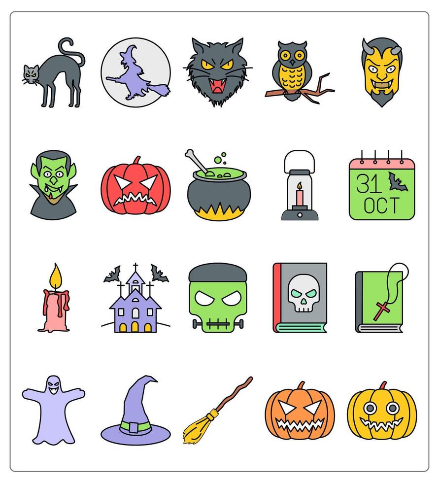 A set of 20 halloween icons as halloween black cat, witch vector