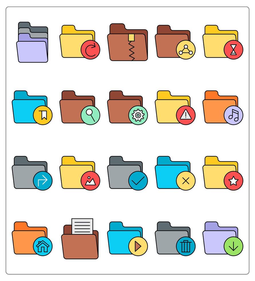 A set of 20 folder icons as subfolders, refresh folder, zip folder vector