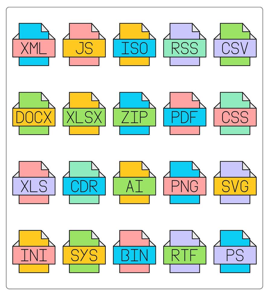 A set of 20 files icons as xml file, js file, iso file vector
