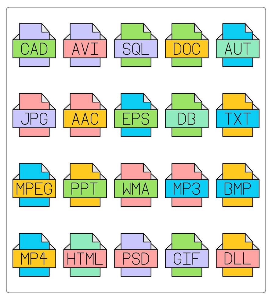 A set of 20 files icons as cad file, avi file, sql file vector