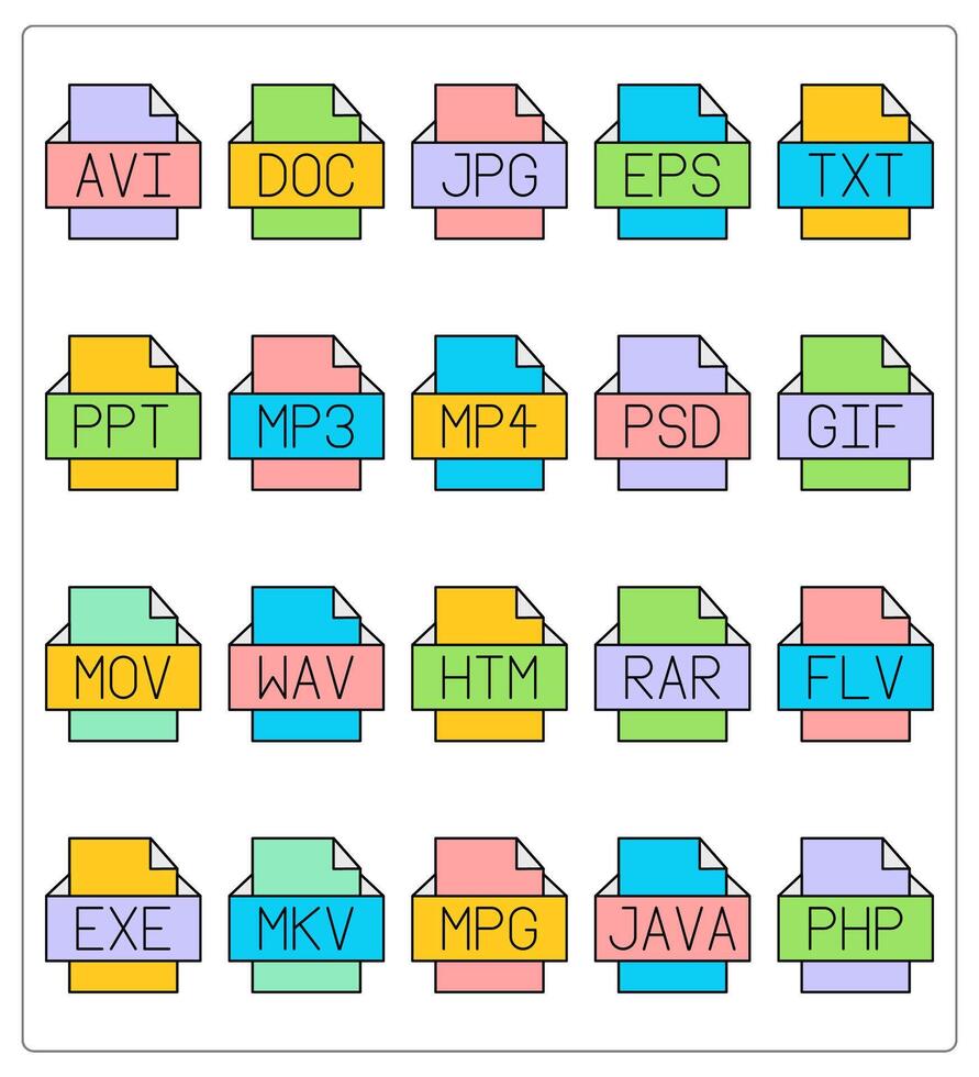 A set of 20 files icons as avi file, doc file, jpg file vector