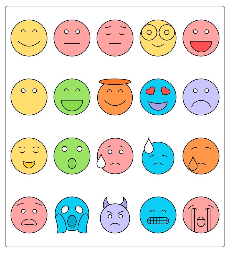 A set of 20 face emoticon icons as smile, expressionless, sad vector