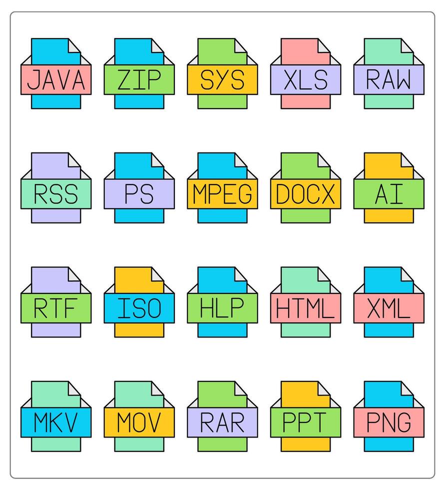 A set of 20 files icons as java file, zip file, sys file vector