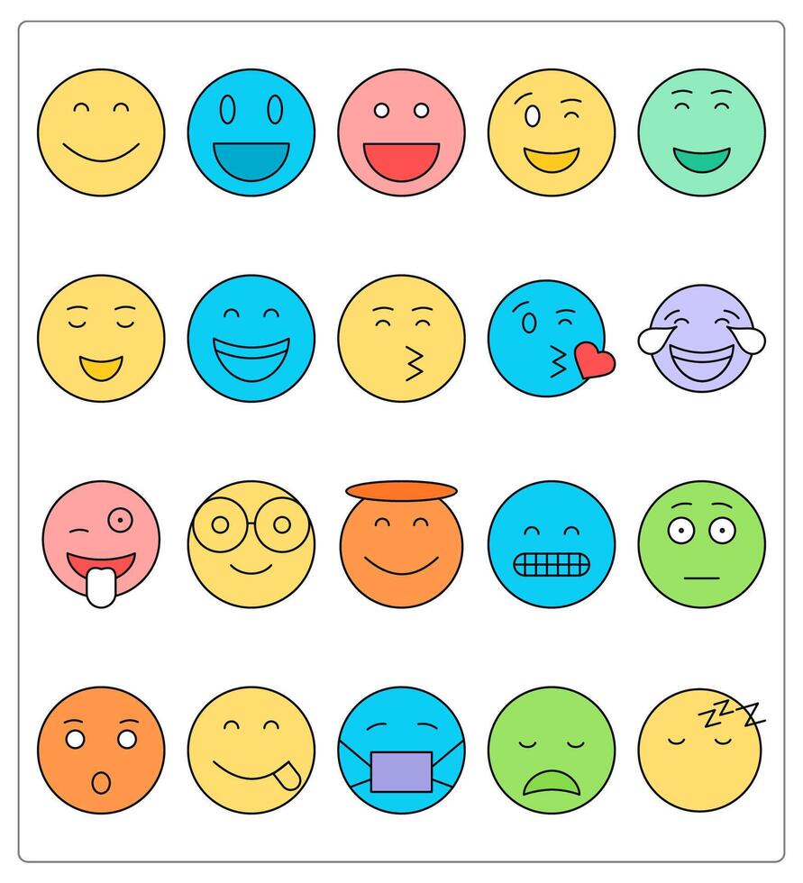 A set of 20 face emoticon icons as smile, happy, laugh vector