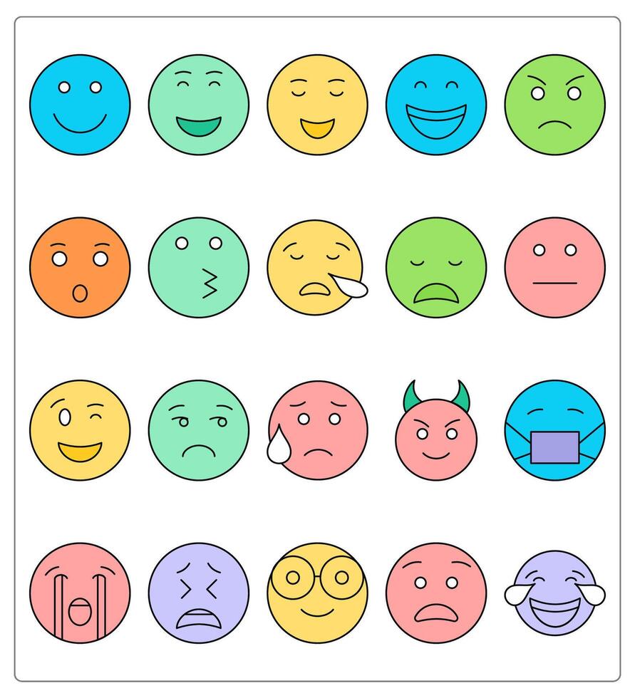 A set of 20 face emoticon icons as happy, blush, relieved vector