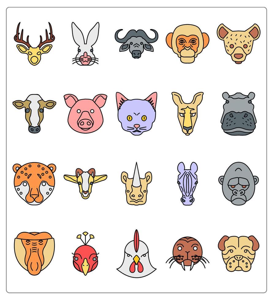 A set of 20 animals icons as reindeer, rabbit, buffalo vector
