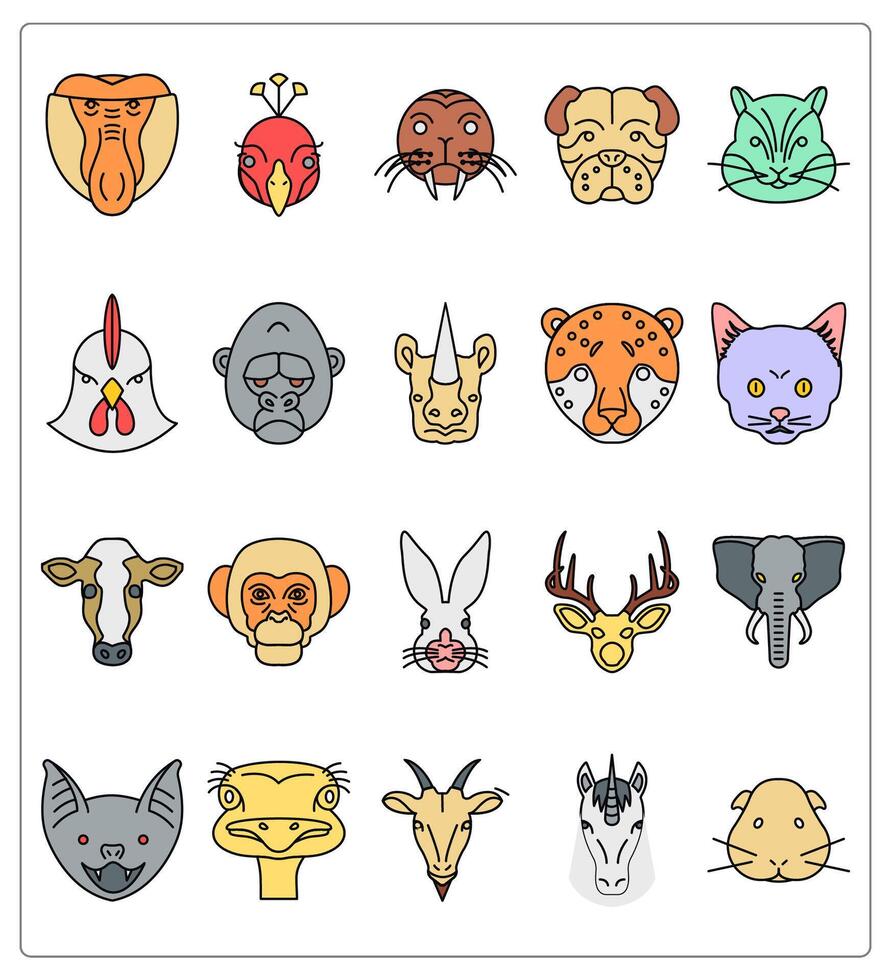 A set of 20 animals icons as proboscis monkey, peacock, sea lion vector
