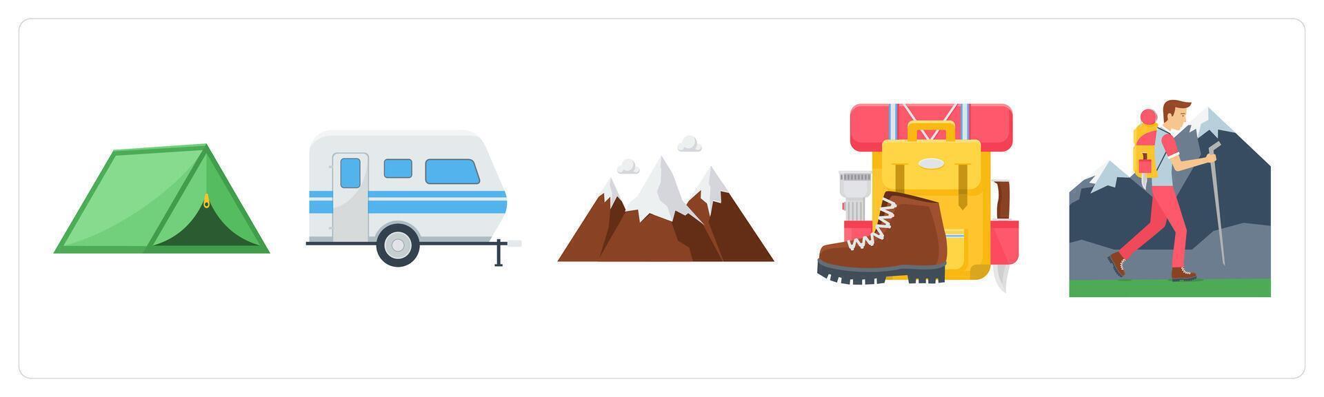 A set of 5 camping icons as camping, camping bus, hills vector