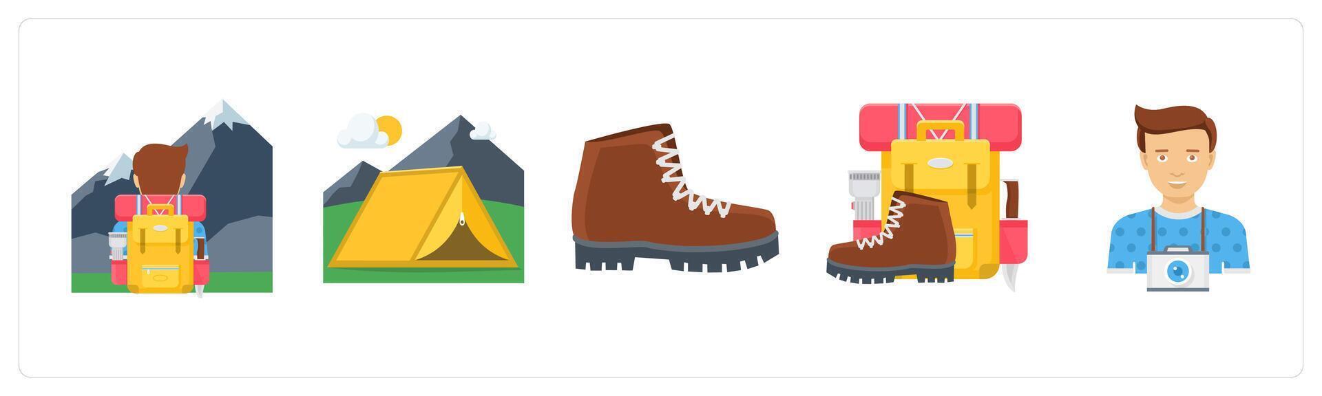 A set of 5 camping icons as backpack, camp, hiking shoes vector