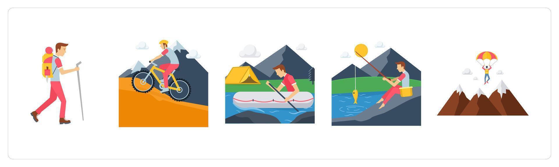 A set of 5 camping icons as mountain climbing, mountain cycling, boating vector