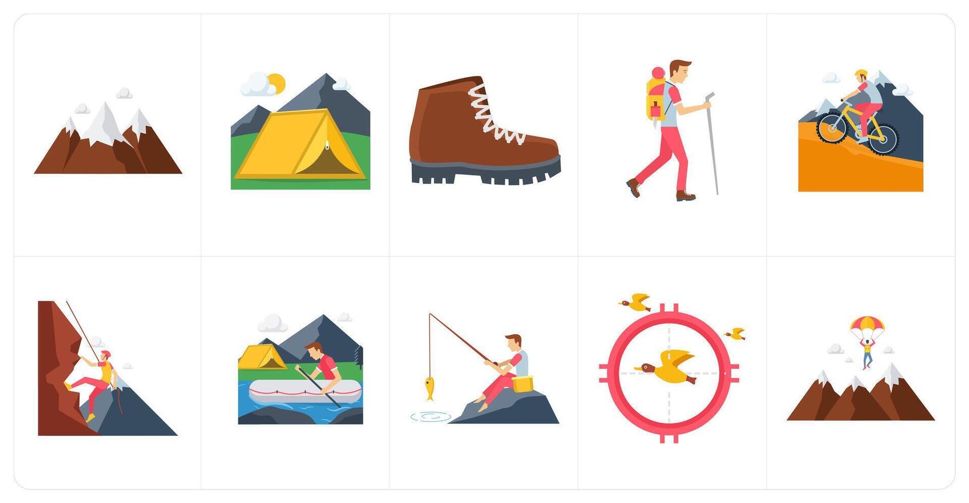 A set of 10 camping icons as hills, camping, hiking shoes vector