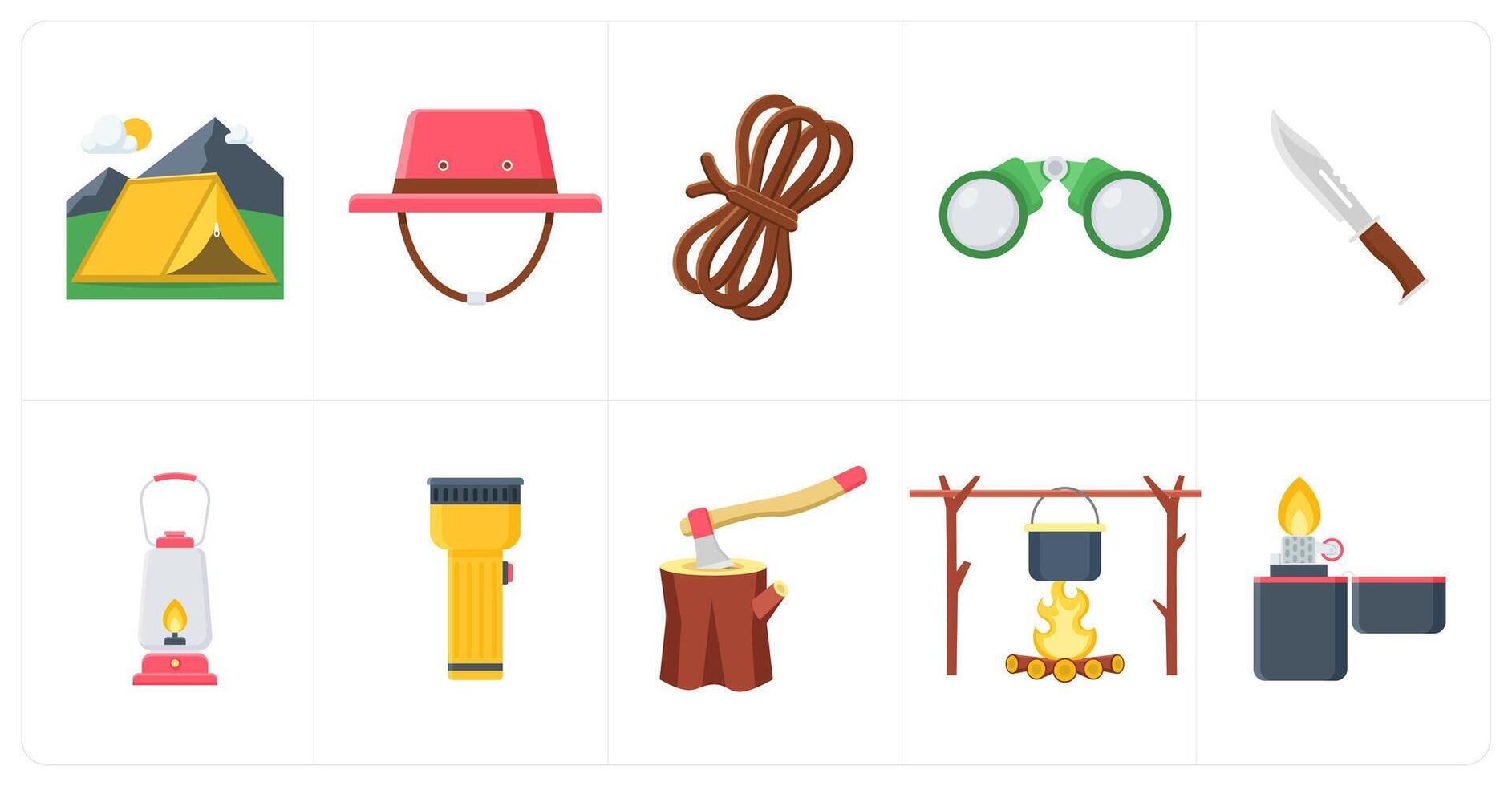 A set of 10 camping icons as camp, camping hat, rope vector