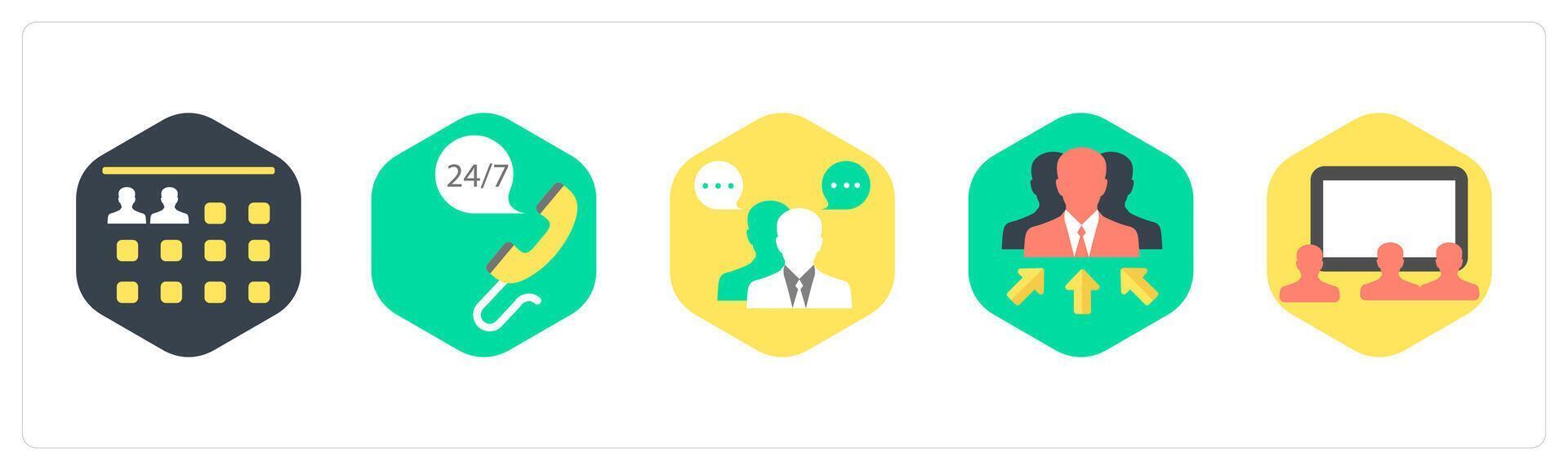 A set of 5 mix icons as user details, 24x7 calling, business conversation vector
