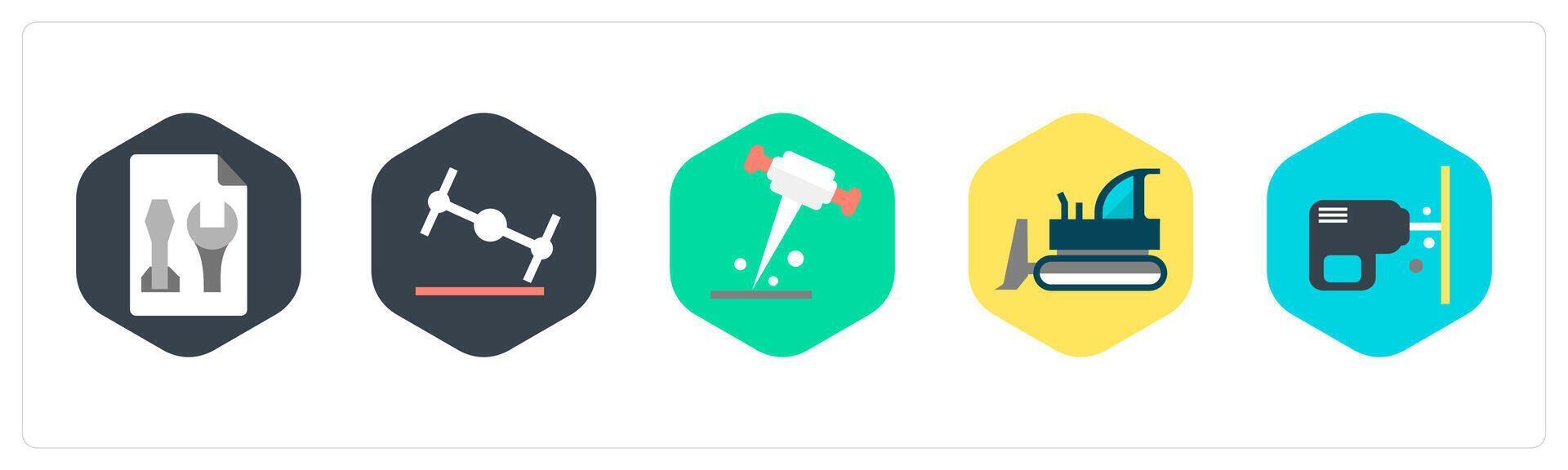 A set of 5 mix icons as repair tools, node, road drilling vector