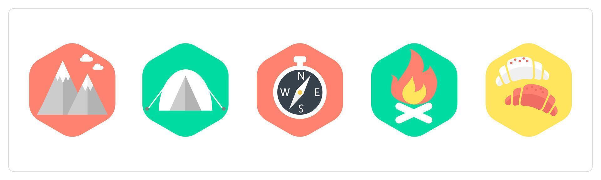 A set of 5 mix icons as hills, camping, compass direction vector