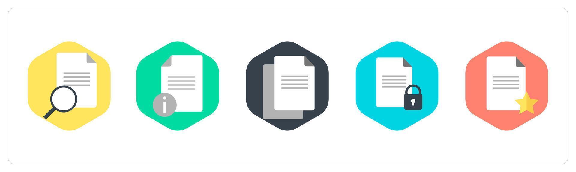 A set of 5 mix icons as search document, document information, duplicate document vector