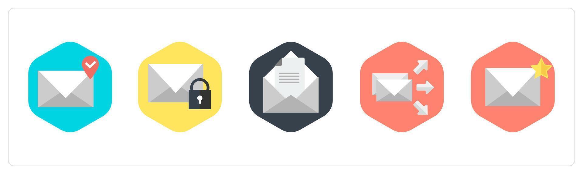 A set of 5 mix icons as mail location, mail protection, open mail vector