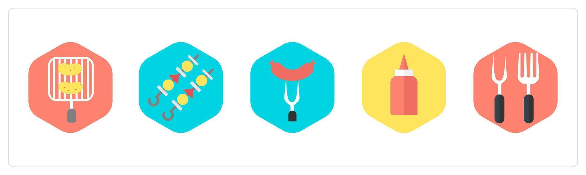 A set of 5 mix icons as grilled pan, barbecue, sausage vector