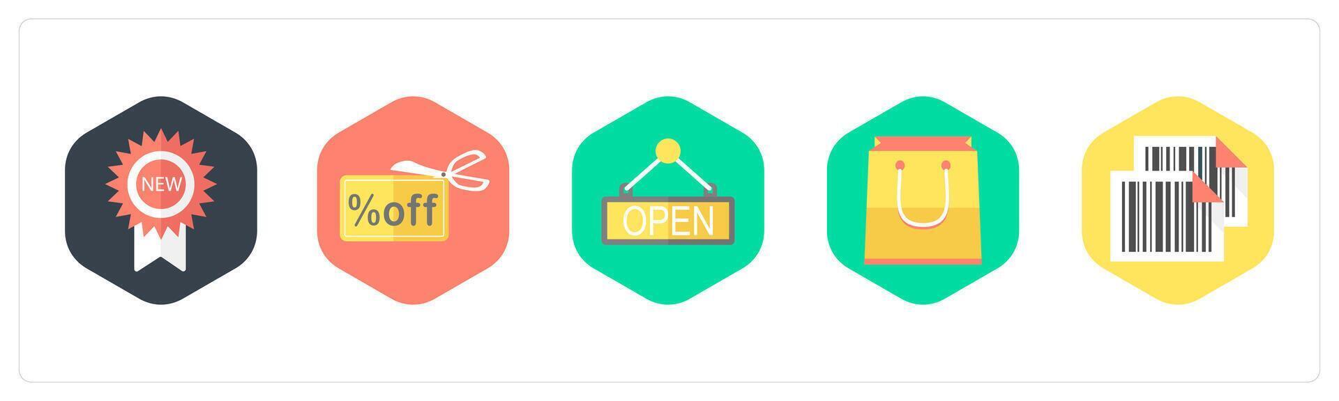 A set of 5 mix icons as new badge, discount offer, open board vector
