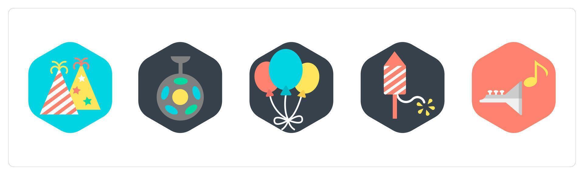 A set of 5 mix icons as celebration, disco ball, balloons vector