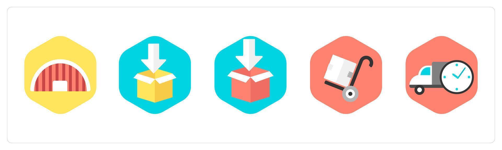 A set of 5 mix icons as warehouse, parcel, parcel package vector