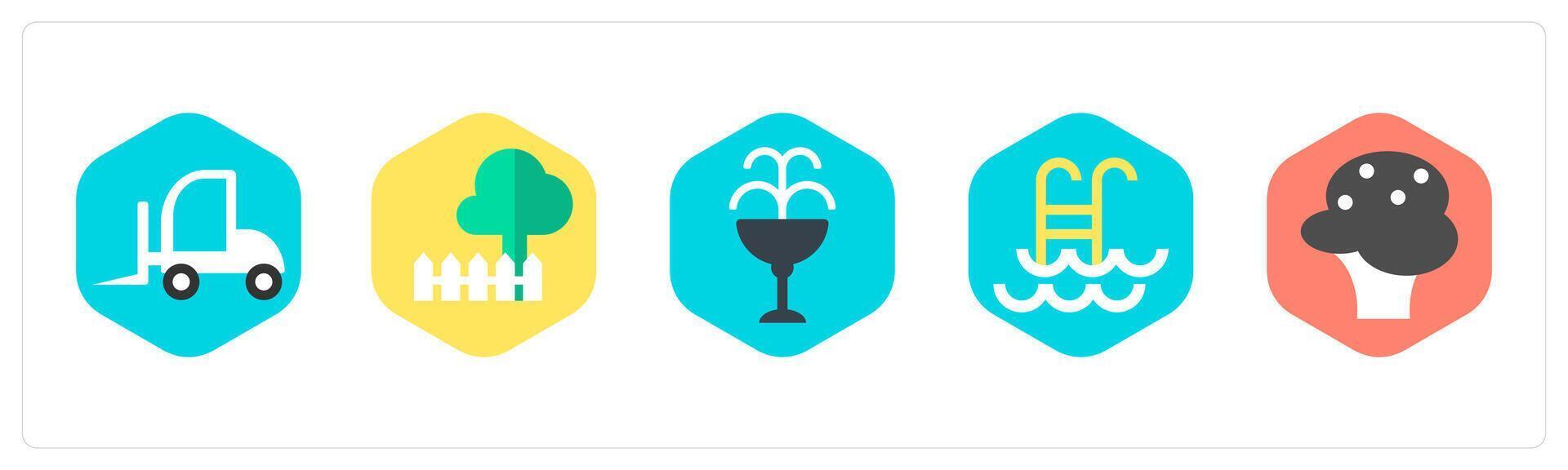 A set of 5 mix icons as travel car, park, fountain vector