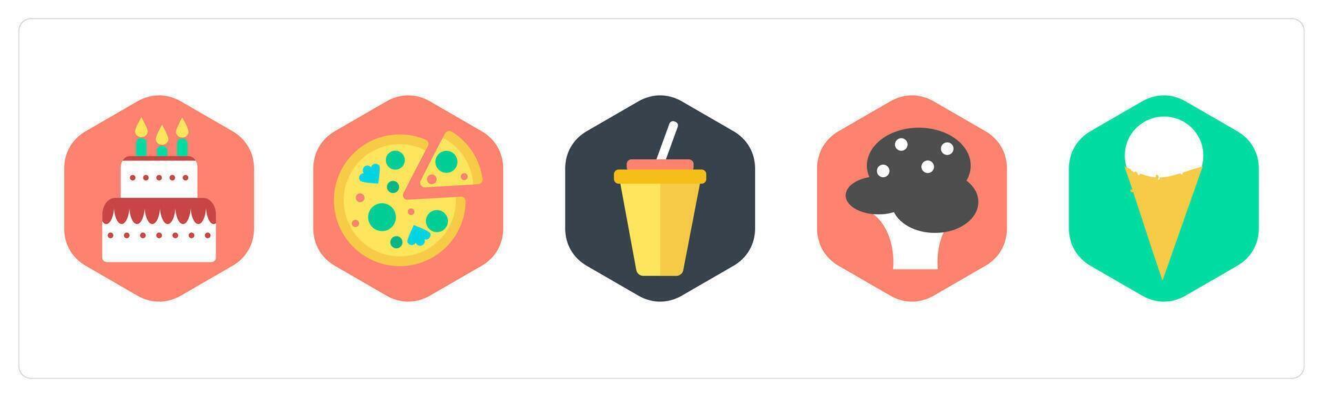 A set of 5 mix icons as pizza, cake, beverage vector