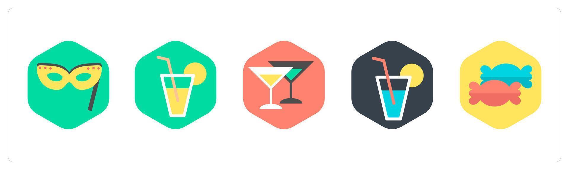 A set of 5 mix icons as party mask, lemon juice, champagne vector