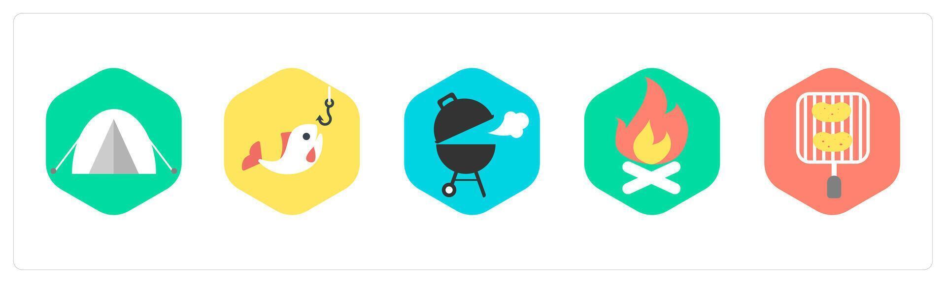 A set of 5 mix icons as camping, fishing, barbecue vector