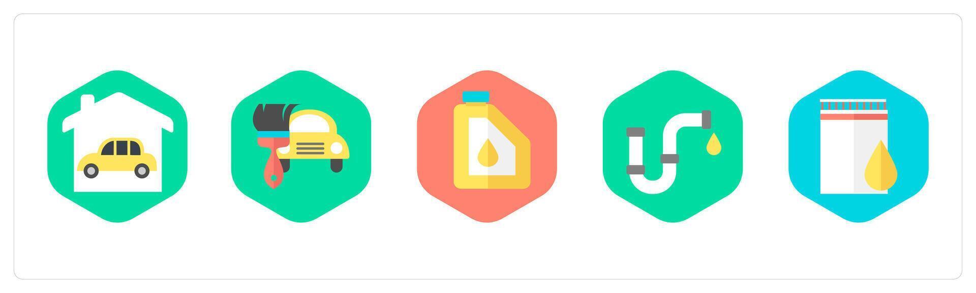 A set of 5 mix icons as garage, car repair, oil canister vector