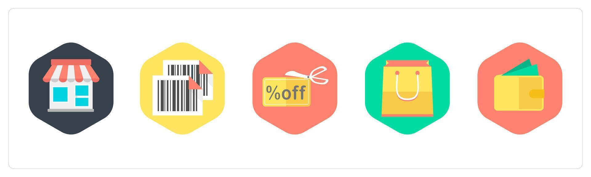 A set of 5 mix icons as store, bar code, discount offer vector
