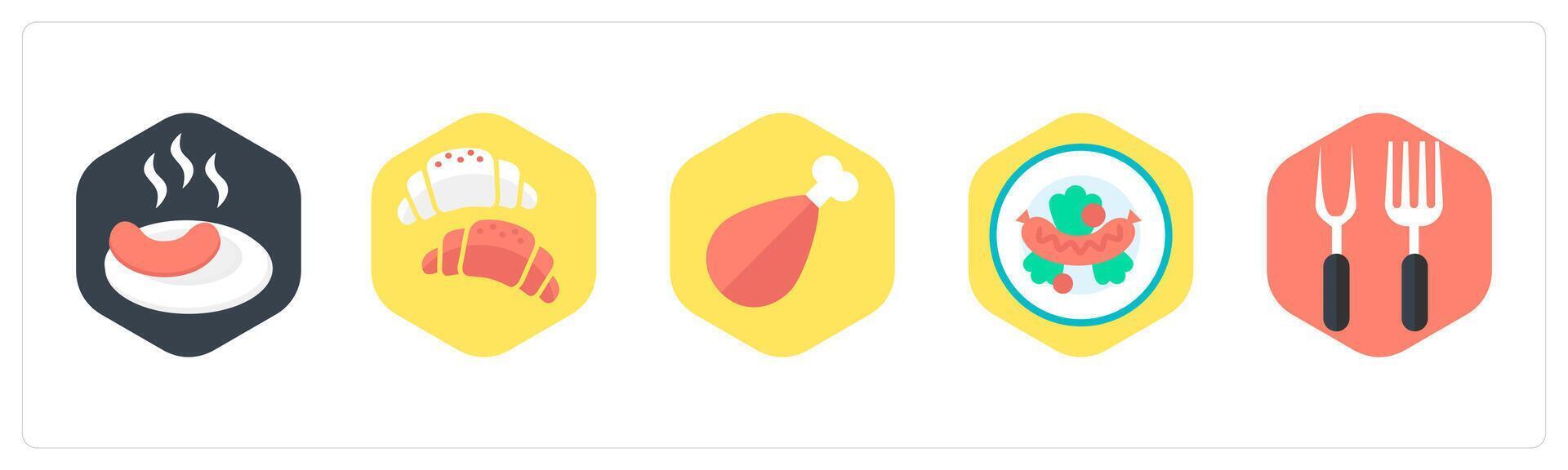 A set of 5 mix icons as sausage, criossant, chicken vector