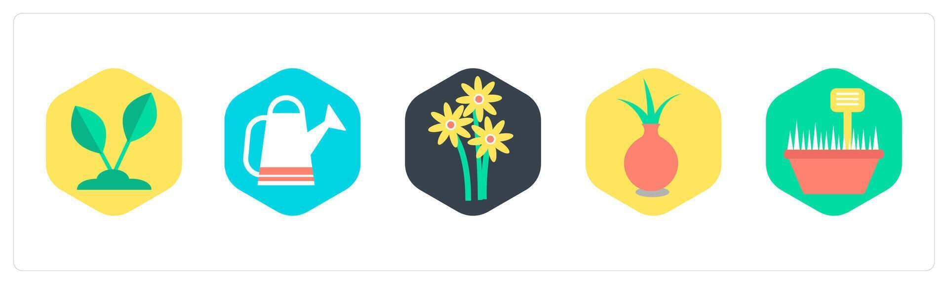 A set of 5 mix icons as plant, watering can, flower vector
