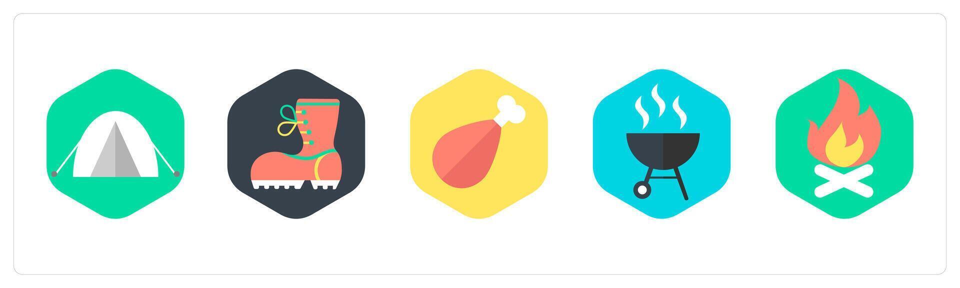 A set of 5 mix icons as camping, hiking shoes, chicken vector