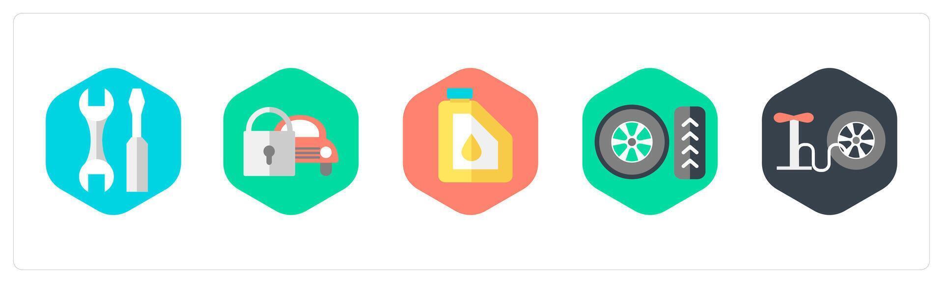 A set of 5 mix icons as repair tools, car security, oil canister vector