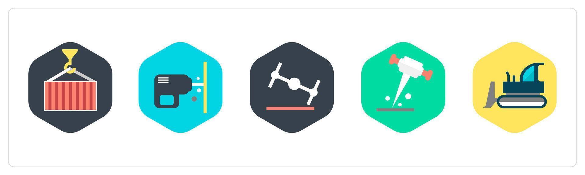 A set of 5 mix icons as crane, drilling, node vector