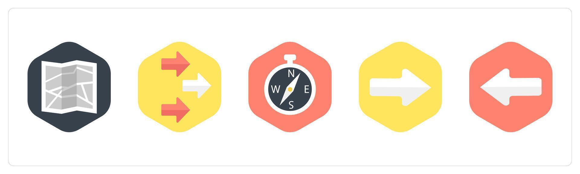 A set of 5 mix icons as map, direction, compass direction vector
